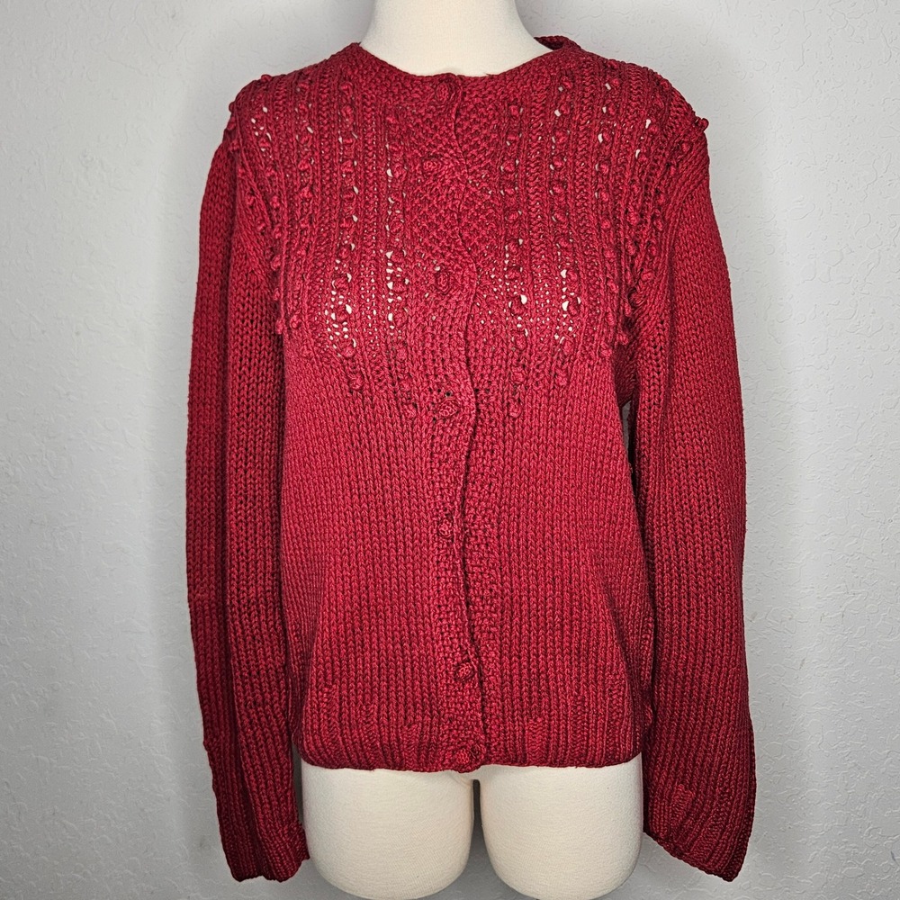 Jennifer Reed Red Hand Knit Pointelle Popcorn Cardigan Sweater Womens Large